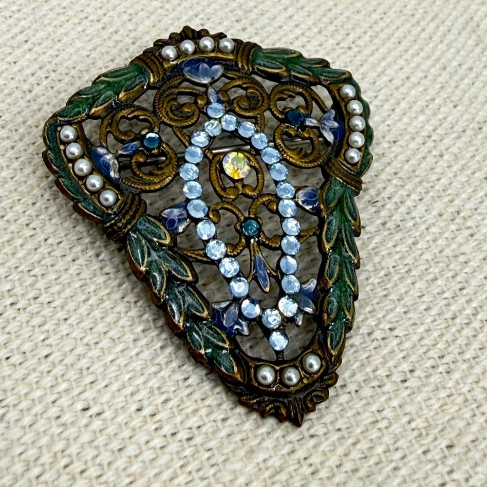 Anne Koplik Designs Filigree Shield Brooch Blue Rhinestone Faux‎ Pearl Enamel